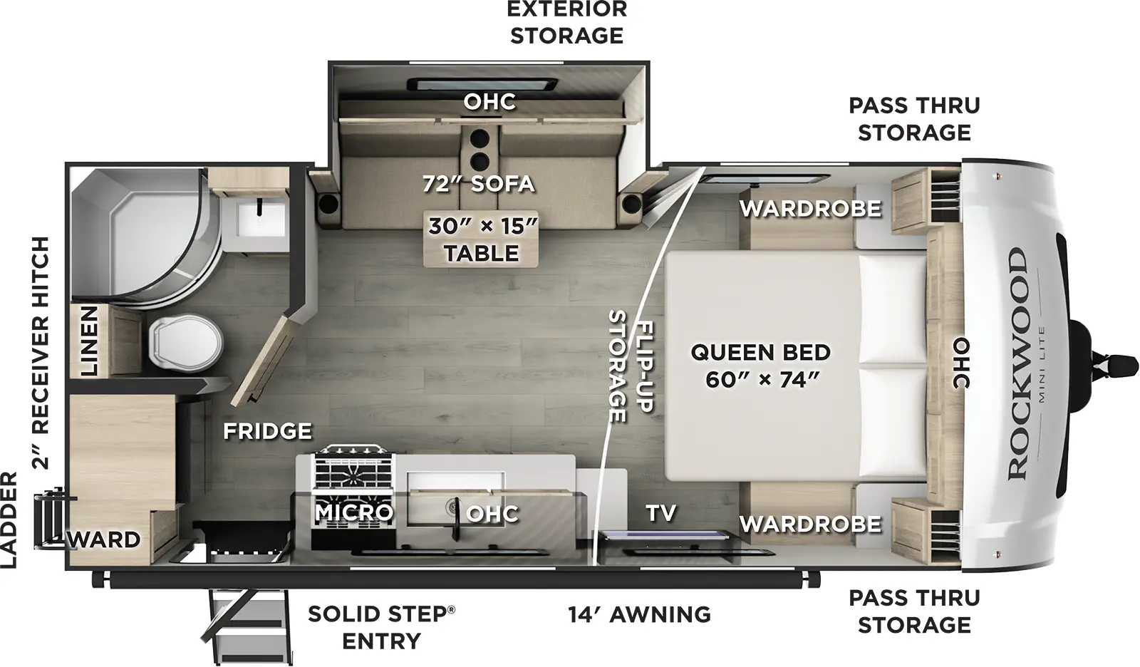 The Rockwood Mini Lite 2109S floorplan has one entry and one slide out. Exterior features include: fiberglass exterior and 14' awning. Interiors features include: front bedroom.